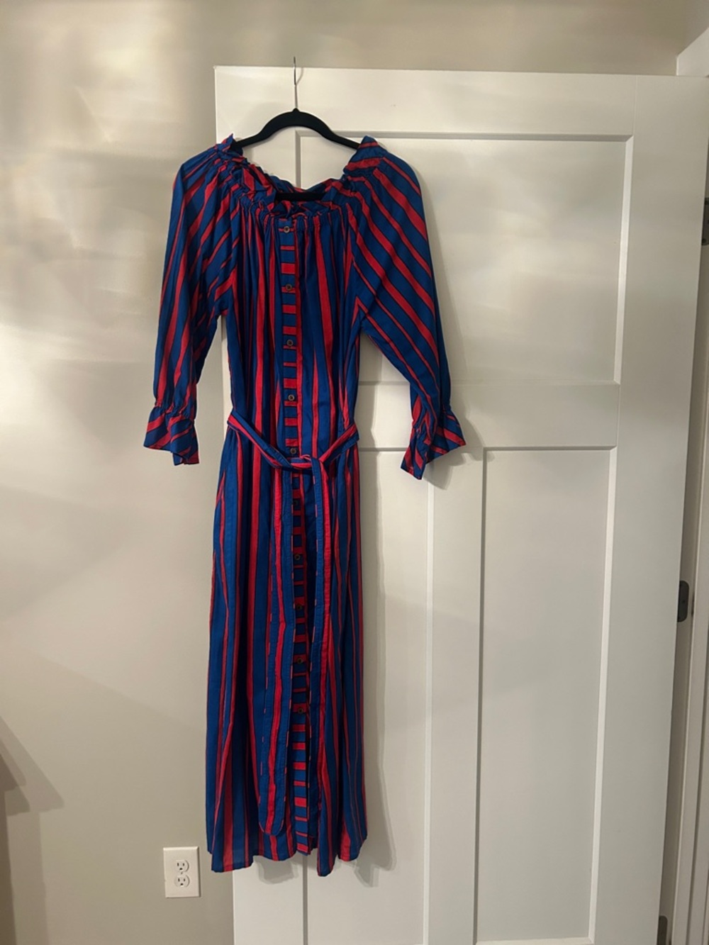 Sara's Prints Blue & Red Striped Button-Front Maxi Dress with Tie Waist